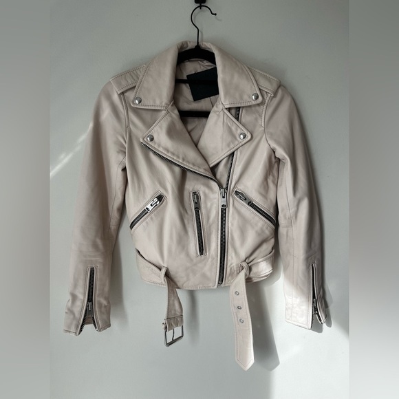 AllSaints Balfern Belted Hem Leather Biker Jacket - Very Light Pink - Picture 4 of 9